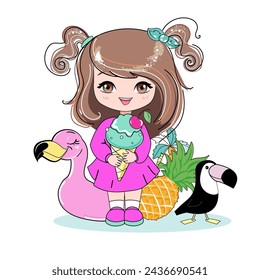 Cute cartoon little summer girl with ice cream, flamingo, toucan and pineapple on a white background isolated. Anime style. Modern trend. Print for t-shirt for kids