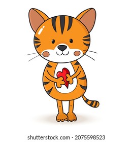 Cute cartoon little tiger. Orange striped character on white background. For poster, greeting card, invitation, print, illustration, banner. Simple vector illustration. Symbol of year 2022