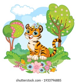 Cute cartoon little tiger sitting on meadow with flowers and trees. Vector isolated illustration. For postcard, posters, nursery design, greeting card, stickers, room decor, party, t-shirt, apparel