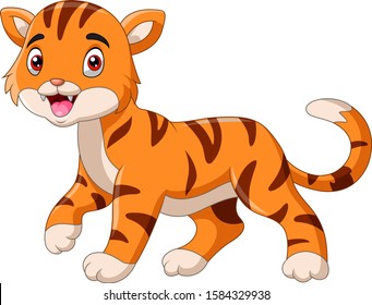 Cute cartoon little tiger walking alone