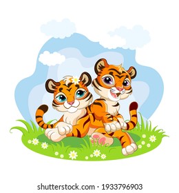 Cute cartoon little tigers playing on a blooming meadow. Vector isolated illustration. For postcard, posters, nursery design, greeting card, stickers, room decor, party, nursery t-shirt, apparel