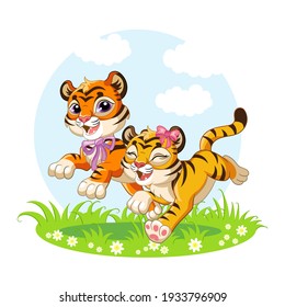 Cute cartoon little tigers running through a blooming meadow. Vector isolated illustration. For postcard, posters, nursery design, greeting card, stickers, room decor, party, nursery t-shirt, apparel