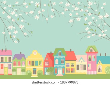 Cute cartoon little town with spring blossom branches