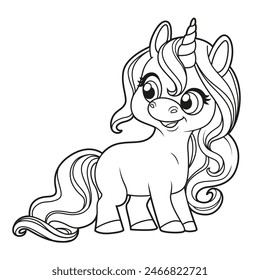 Cute cartoon little unicorn with lush mane outline for coloring on a white background. Image produced without the use of any form of AI software at any stage