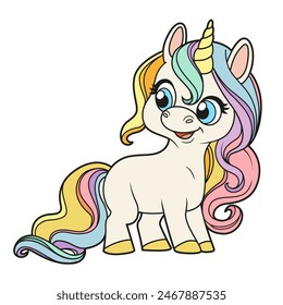 Cute cartoon little unicorn with lush rainbow mane color variation on a white background. Image produced without the use of any form of AI software at any stage