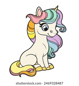 Cute cartoon little unicorn with ranbow mane sit on a white background. Image produced without the use of any form of AI software at any stage.