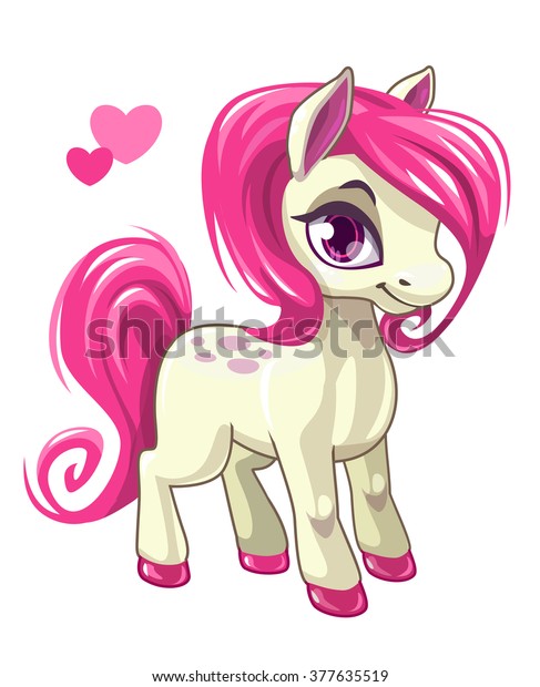 Cute cartoon little white baby horse with pink\
hair, beautiful pony princess character, vector illustration\
isolated on white
