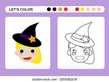 Cute Cartoon Little Witch Color Book. Coloring education for kids. Happy Halloween game.