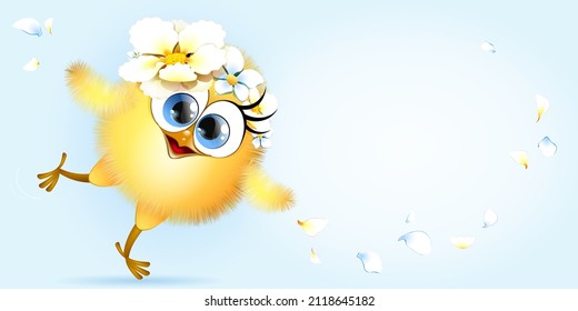 Cute cartoon little yellow chick Girl with flower wreath and petals