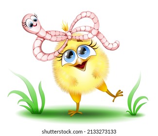 Cute cartoon little yellow chick girl with worm bow on the top of the head