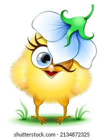 Cute cartoon little yellow chick girl with blue flower hat