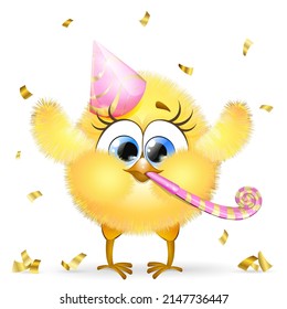 Cute cartoon little yellow chick girl with Birthday cap and whistle blower 