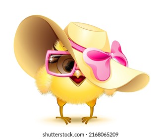 Cute cartoon little yellow chick girl in summer straw hat with pink bow and sunglasses