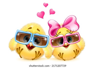 Cute cartoon little yellow chick girl and boy in love, sitting together in sunglasses and bow with hearts