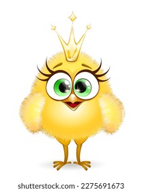 Cute cartoon little yellow Chick girl princess with golden shiny crown