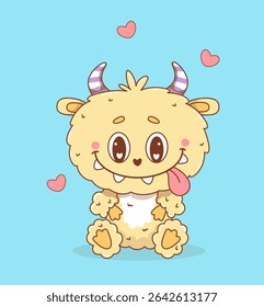 Cute Cartoon Little Yellow Monster. Funny Romantic kawaii horned Character. Vector illustration. Kids collection for sticker, mascot and design