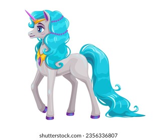 Cute cartoon little young horse with blue hair,  little fairy pony princess. Elegance standing unicorn, long mane and tail. Vector illustration, isolated on white background.