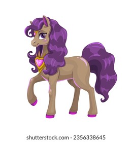 Pequeño caballo joven de dibujos animados con pelo morado, hermosa princesa animal de hadas. Elegancia de pie pony, larga melena y cola. Ilustración vectorial, aislada en fondo blanco.