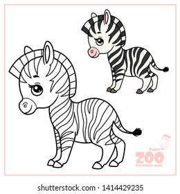 Cute cartoon little zebra color and outlined on a white background  for coloring page