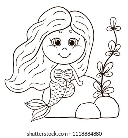 Cute cartoon litttle mermaid. Black and white vector illustration for coloring book