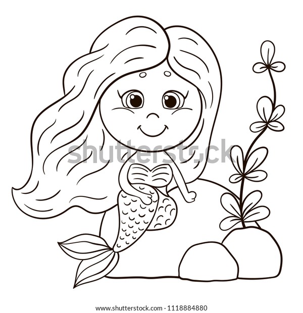 Cute Cartoon Litttle Mermaid Black White Stock Vector (Royalty Free ...