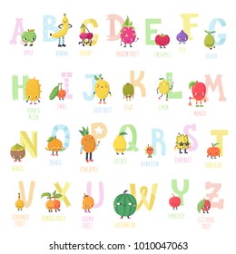 Cute cartoon live fruits vector alphabet. Funny characters in nice colors.