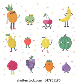 Cute cartoon live fruits vector set. Funny characters in nice colors.