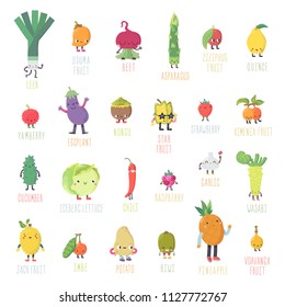 Cute cartoon live fruits and vegetables vector set. Funny characters in nice colors. Part two.