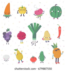Cute cartoon live fruits and vegetables vector set. Funny characters in nice colors.