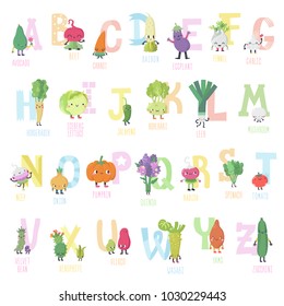 Cute cartoon live vegetables vector alphabet. Funny characters in nice colors.