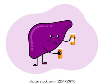 Cute cartoon liver chooses medicine. Character in the form of human liver.