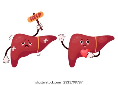 Cute cartoon liver. Happy and unhappy sick human organ character is sick, suffering and asking for help. Vector illustration. Isolated funny mascot for design and decoration medical themes.