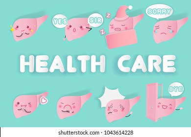 cute cartoon liver with health care on the green background