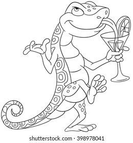 cute cartoon lizard dancing and drinking a cocktail on a disco party in night club or cafe-bar, isolated on a white background