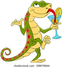 cute cartoon lizard dancing and drinking a cocktail on a disco party in night club or cafe-bar, isolated on a white background