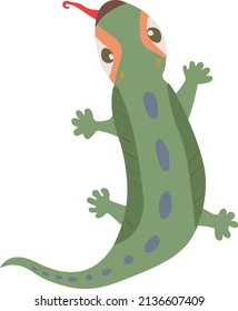 Cute Cartoon Lizard Vector Illustration. Top View. Green Reptile With Red Tongue And Blue Spots On Its Back. Isolated On White Background