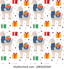 Cute, cartoon llama or alpaca in a blue scarf with gift boxes. Seamless pattern. Can be used for wallpaper, filling the background of a web page, surface texture