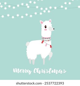  Cute cartoon llama alpaca for Christmas. Merry Christmas card. Vector graphics