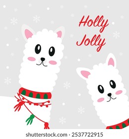 Cute cartoon llama alpaca for Christmas. Holly Jolly. Vector graphics