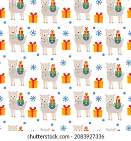 Cute, cartoon llama or alpaca with gift boxes. Seamless pattern. Can be used for wallpaper, filling the background of a web page, surface texture