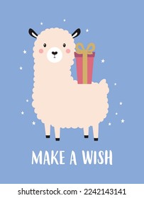 cute, cartoon llama or alpaca with gift box on blue stars background, design element for greeting cards, birthday, christmas vector illustration in flat style