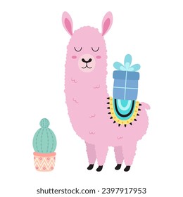 cute cartoon llama or alpaca with gift box and cactus in pot near, design element for greeting cards, vector illustration in flat style