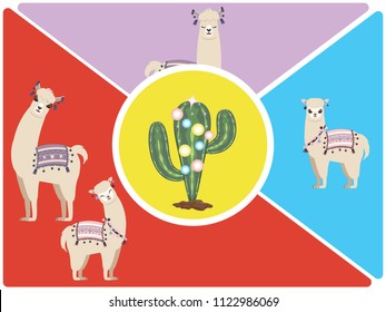 Cute cartoon Llama and Alpaca, greeting card design.