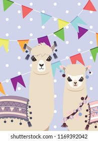 Cute cartoon Llama and Alpaca, greeting card design.