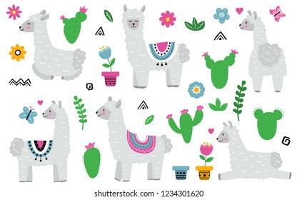 Cute cartoon llama alpaca. Hand drawn characters and cactus, flowers and pots. Ideal for nursery design. Vector illustration.