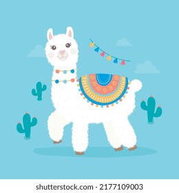 Cute cartoon llama alpaca illustration