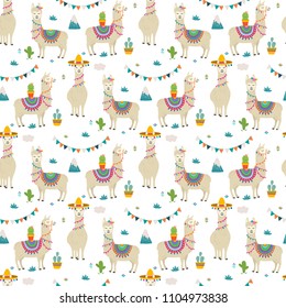 Cute cartoon llama alpaca nahtlose Muster Vektorillustration Grafikdesign. Handgezeichnete Lama-Figuren-Illustrationen und Kakteen-Elemente für Kindergartendesign, Geburtstag, Babydusche-Design und Partydekor, Druck