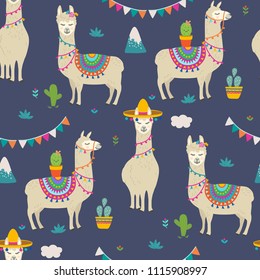 Cute cartoon llama alpaca nahtlose Muster Vektorgrafik-Design. Handgezeichnete Lama-Figuren-Illustrationen und Kakteen-Elemente für Kindergartendesign, Geburtstag, Babydusche und Partydekor, Druck