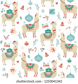 Cute cartoon llama alpaca seamless pattern vector graphic design for Christmas holiday. Hand drawn llama character and elements.  Christmas holidays theme vector illustrations