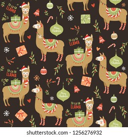 Cute cartoon llama alpaca seamless pattern vector graphic design for Christmas holiday. Hand drawn llama character and elements. Christmas holidays theme vector illustrations